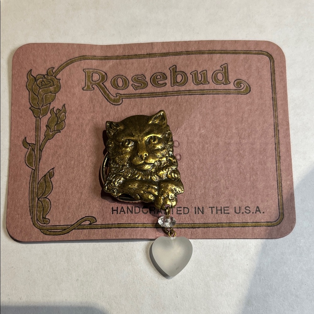 Vintage Rosebud Gold Cat Brooch with Heart Charm